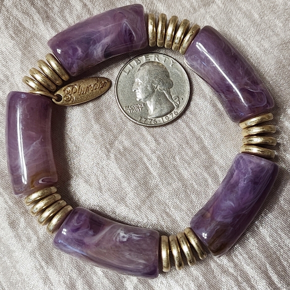 Plunder Purple & Gold Tone Segmented Swirled Dark Lilac Vintage Lucite Bracelet - Picture 4 of 6